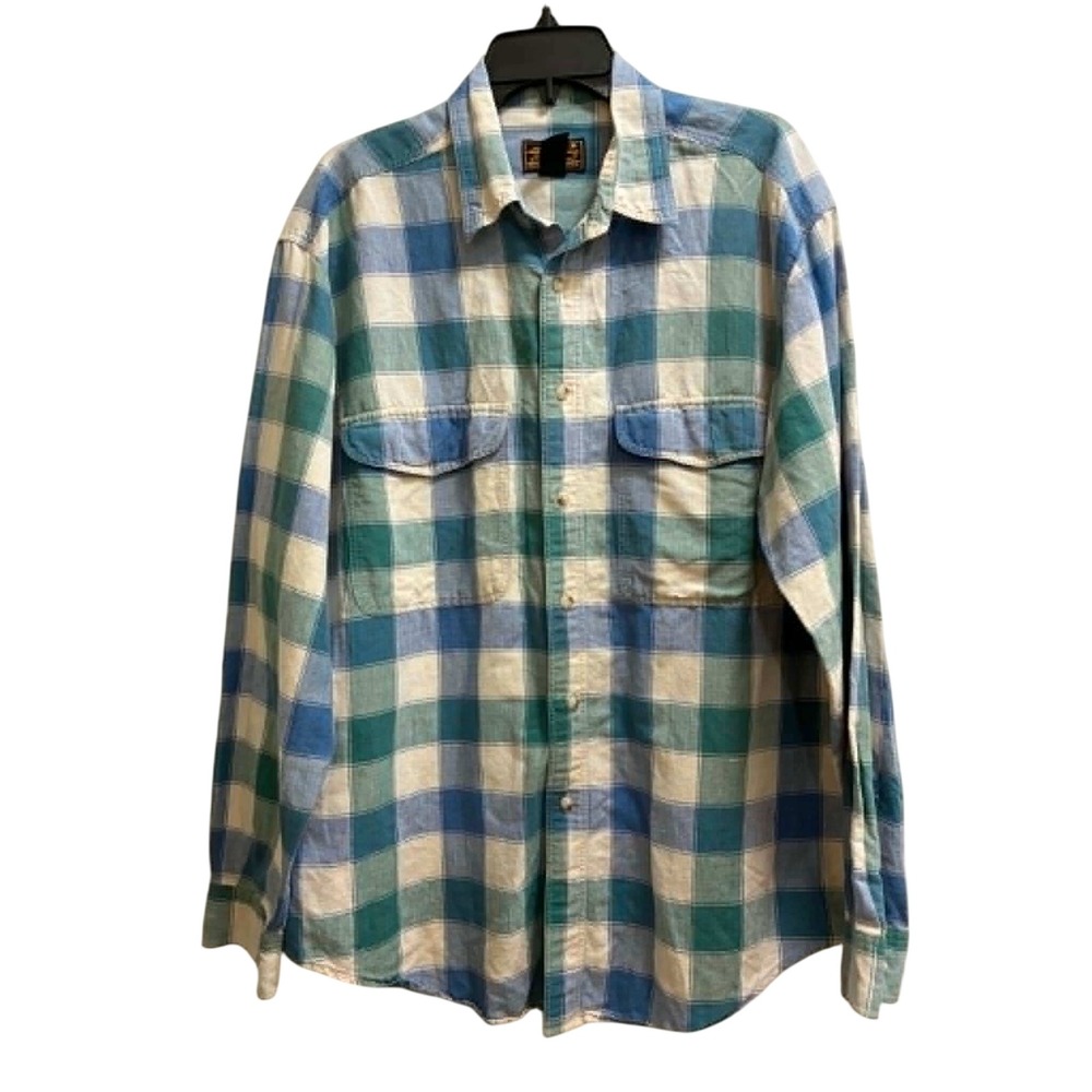 Eddie Bauer Button Down Shirt Mens L Blue Green Plaid Linen Cotton Outdoor